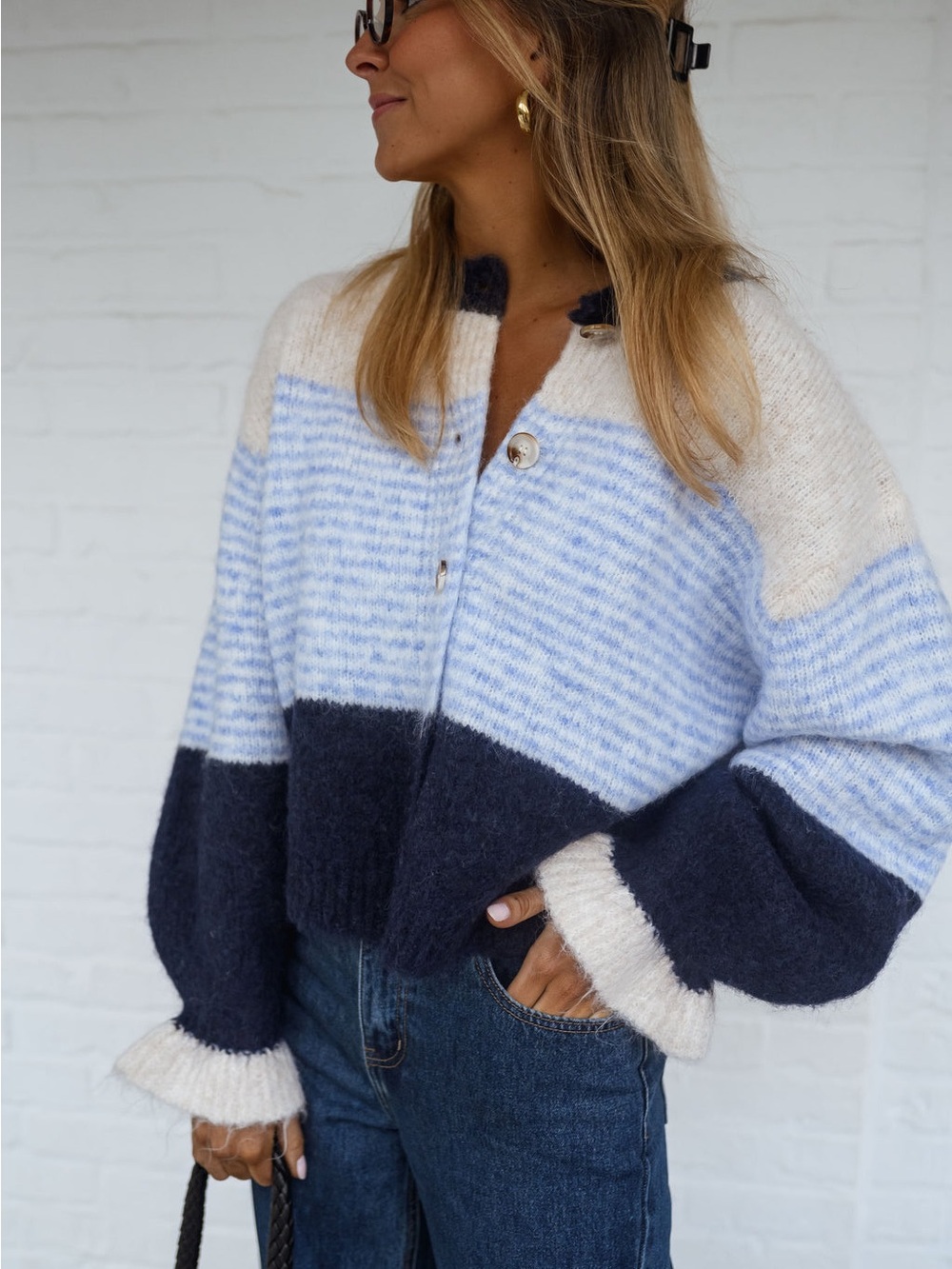 Striped Cream and Navy Button-Front Cardigan Sweater